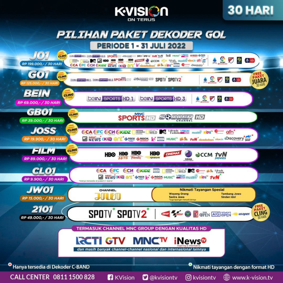 Paket SPOTV untuk KVISON Free RCTI, MNCTV, iNews, GTV