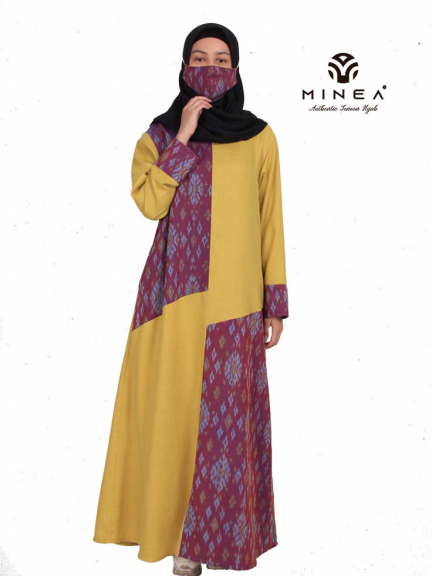 Minea Gamis Tenun Motif Kombinasi Katun Linen Afaf