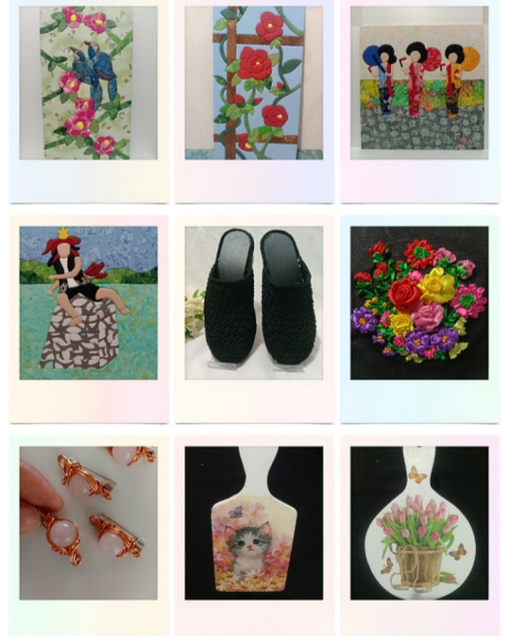 Lukisan kain perca, makrame, produk rajutan.