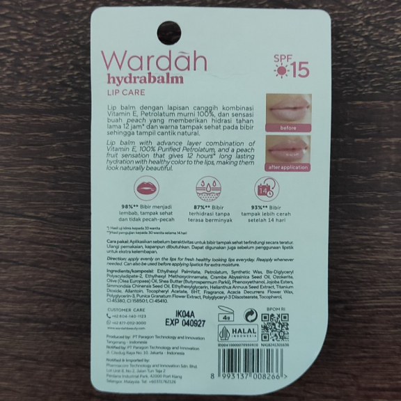 Pelembap Bibir Peach Blossom Wardah Hydrabalm Lip Care 4 g