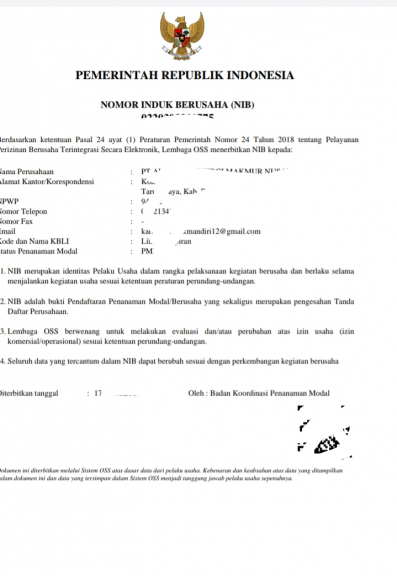 Sertifikasi Perizinan Berusaha (NIB)