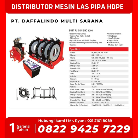 Mesin Las Pipa Hdpe  630mm - 082294257229